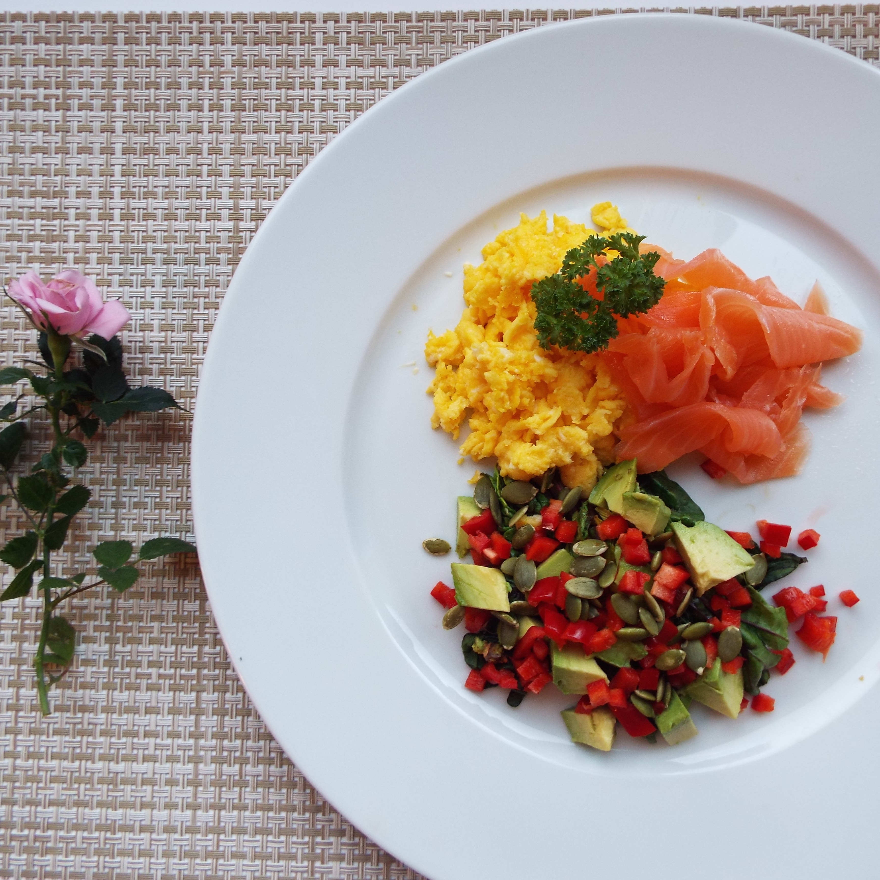 Smoked Salmon and scrambled egg with avocado and wilted spinach salad - Day One breakfast