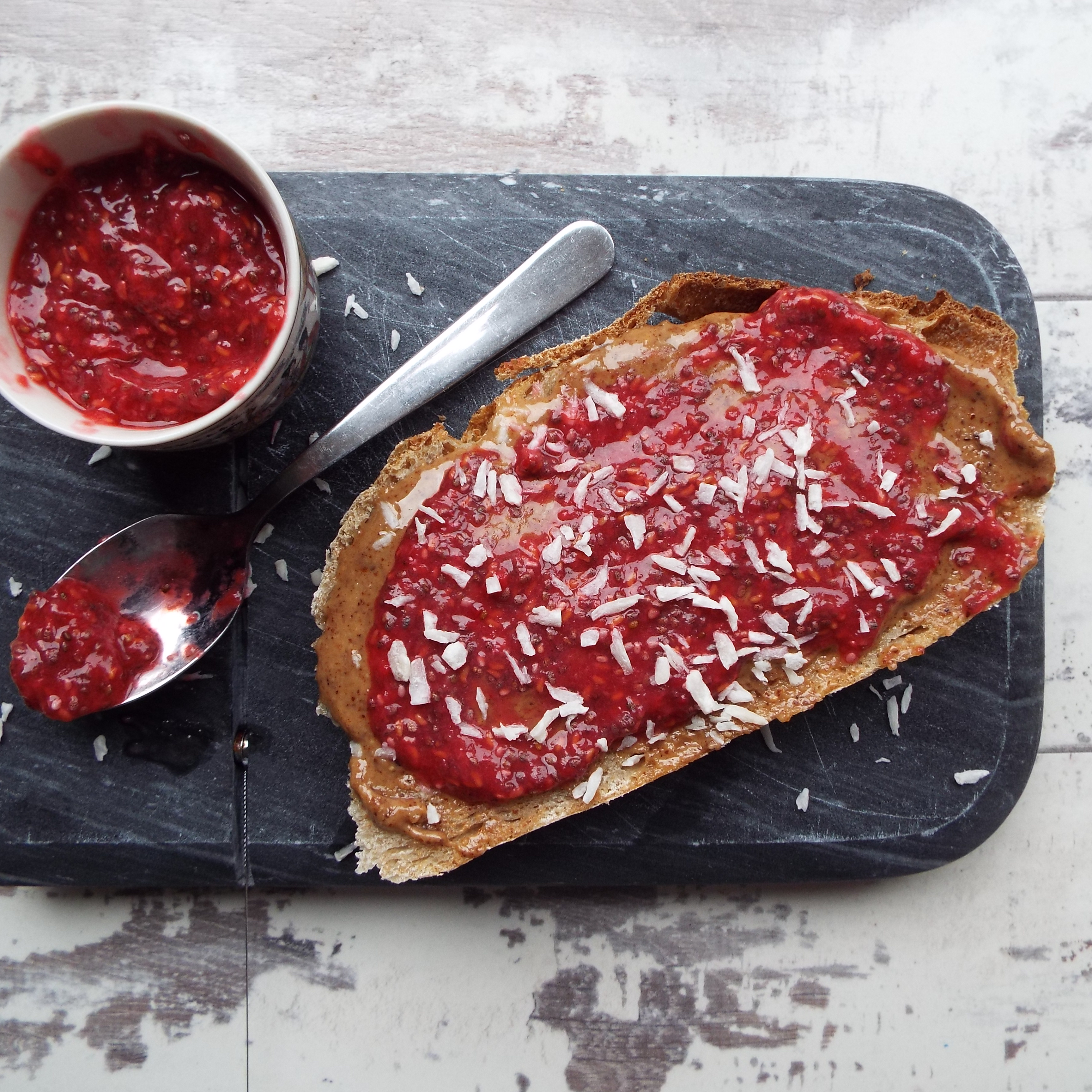 grown up almond butter and chia jam spelt toast snack